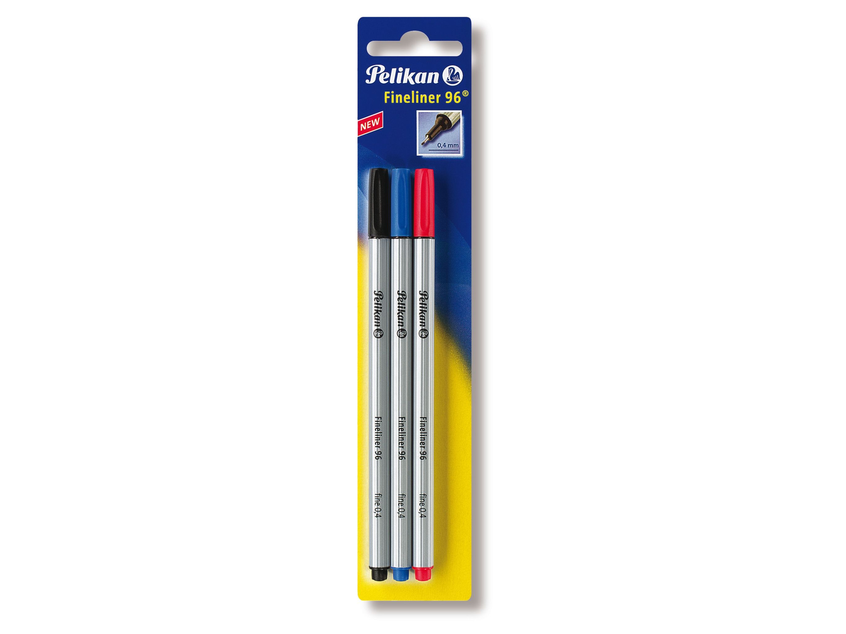 Pelikan Fineliner 96, Sort, Blå, Rød, Fin, 0,4 mm, Tyskland, Blister, 3 stk