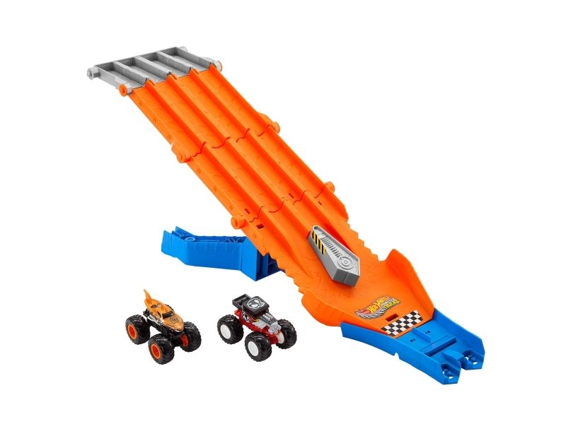 Hot Wheels Monster Trucks Sharks Vs. Dinos Abfahrtszerstörungs-Trackset Und 2 Spielzeugtrucks Im Maßstab 1:64, Monstertruck- & Schienen-Set, 4 Jahr(E