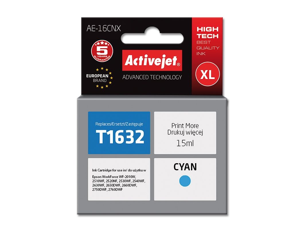 Activejet Ae-16Cnx Ink (Erstatning Epson 16Xl T1632 Supreme 15 Ml Blå), Højt (Xl) Udbytte, Farvebaseret Blæk, 15 Ml, 1 Stk, Enkelt Pakke