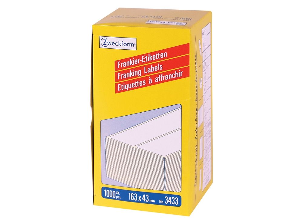 Avery Zweckform 3433 - Permanent Klæbemiddel - Hvid - 163 X 43 Mm 1000 Etikette (500 Ark X 2) Permanente Frankeringsmærkater