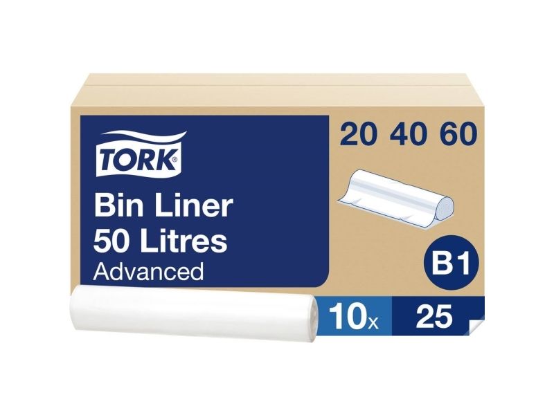 Affaldsposer Tork B1 transparent 50 ltr. - 61,5x89,5 cm - (10 ruller x 25 stk. pr. rulle)