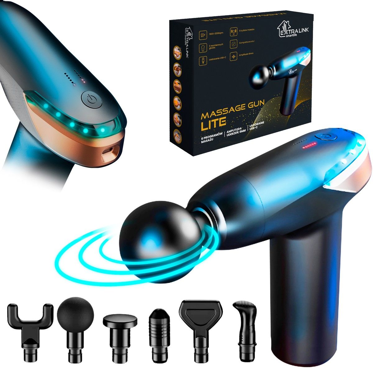 Extralink Massagepistole Massage Gun Lite 3200 U/Min, 6 Austauschbare Spitzen, Schlagmassage, Kombi-Massage, Fußreflexzonenmassage, Perkussions-Massa