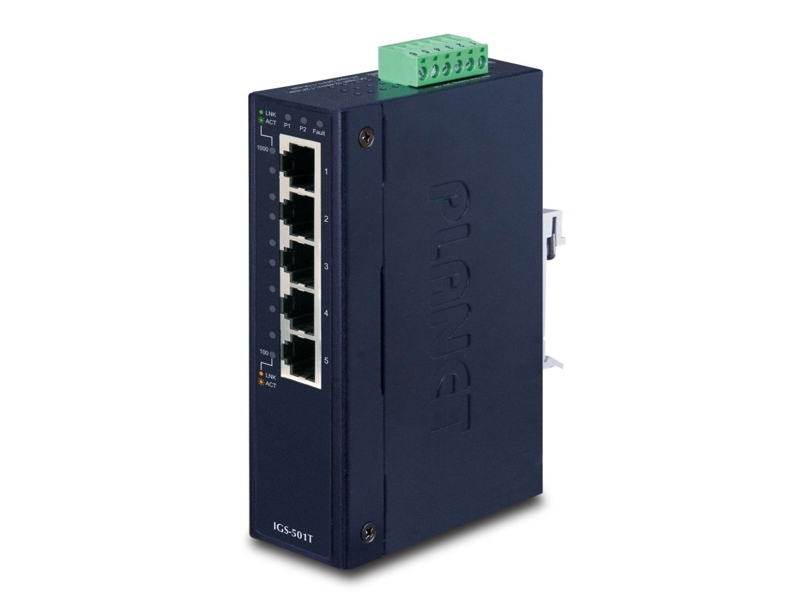 Planet Igs-501T - Ip30 Slim Type 5-Port Industrial Gigabit Ethernet Switch (-40Bis 75 Grad C), Unmanaged, Gigabit Ethernet (10/100/1000), Vollduplex,