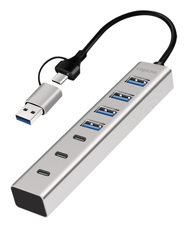 Logilink Usb 3.0 Hub, 4X Usb-A, 5 Gbit/S, 2-In-1 Anschlusskabel, Silber, Usb 3.2 Gen 1 (3.1 Gen 1) Type-A + Type-C, Usb 3.2 Gen 1 (3.1 Gen 1) Type-A,