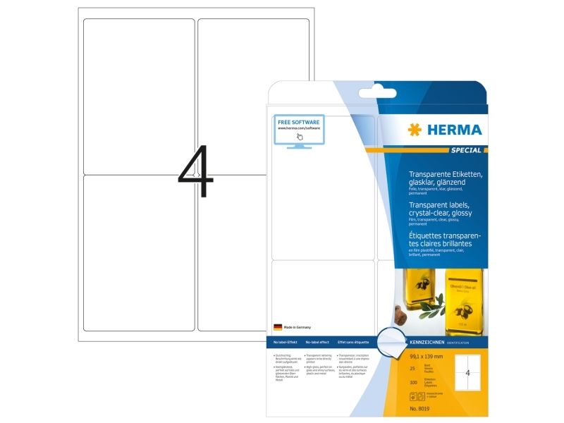 Herma Etiketten Transparent Glasklar A4 99.1X139 Mm Transparent Klar Folie Glänzend 100 St., Transparent, Selbstklebendes Druckeretikett, A4, Laser,