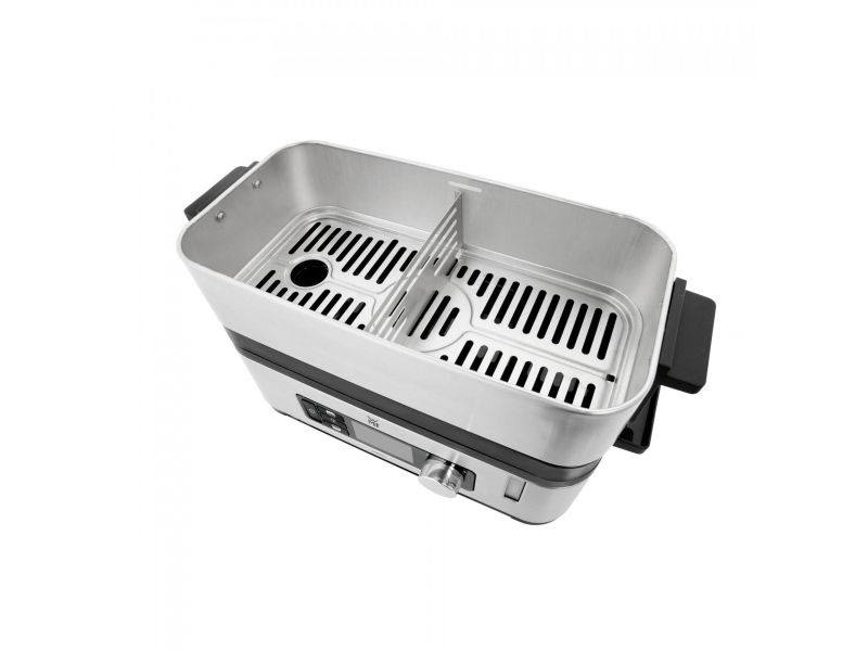Wmf Kitchenminis Küchenminis Vitalis E Dampfgarer, 2 Korb/Körbe, Schwarz, Edelstahl, Arbeitsplatte, Tasten, Drehregler, Vorderseite, Edelstahl