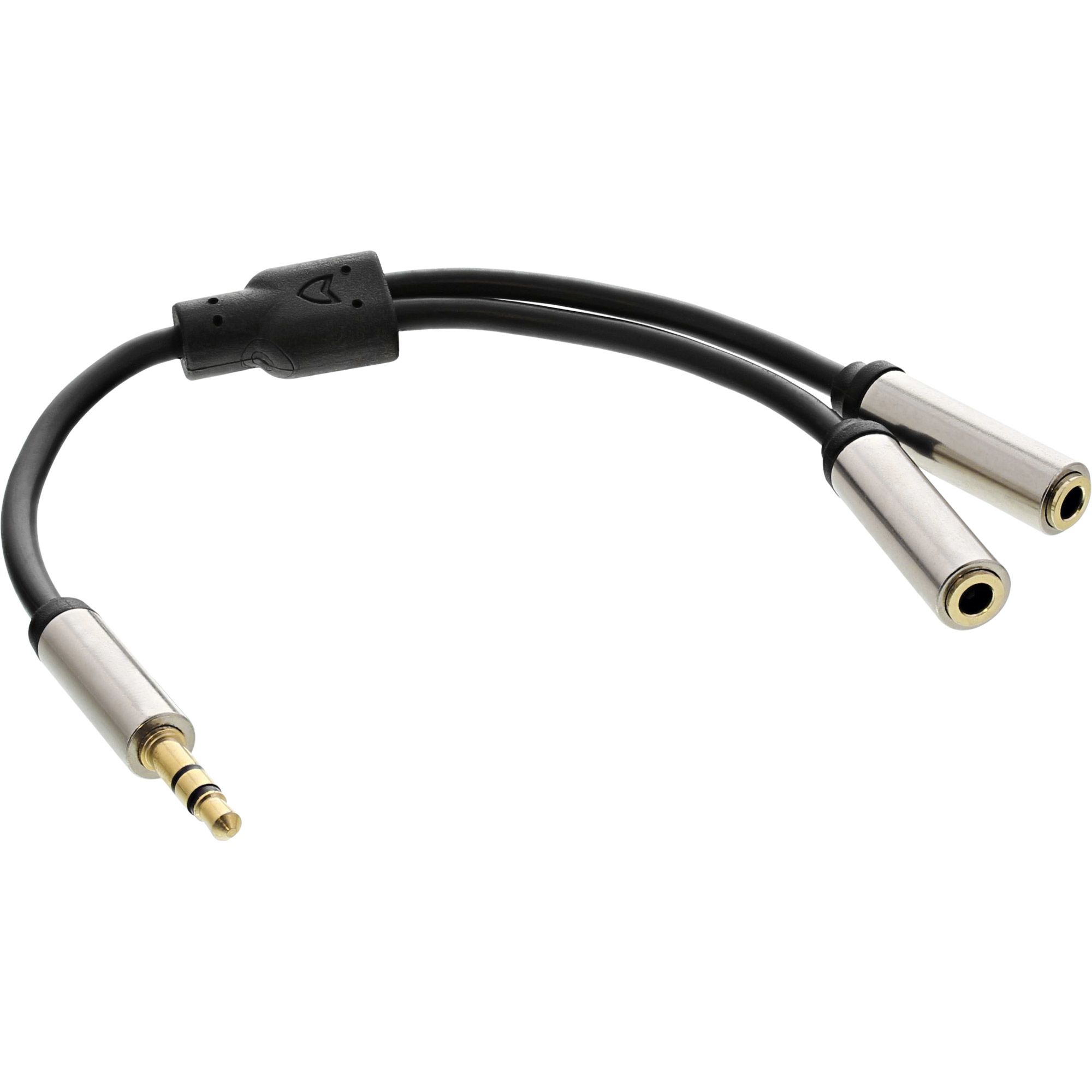 Inline Slim Audio Y-Kabel Klinke 3,5Mm St An 2X Klinke Bu, 0,15M, 3.5Mm Female, Stecker, 2 X 3.5Mm, Buchse, 0,15 M, Schwarz