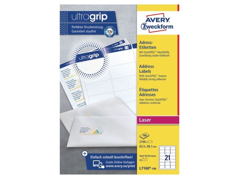 Etiketter Avery 63,5X38,1 Mm Hvid Med Quickpeel & Ultragrip - (100 Ark X 21 Stk.)