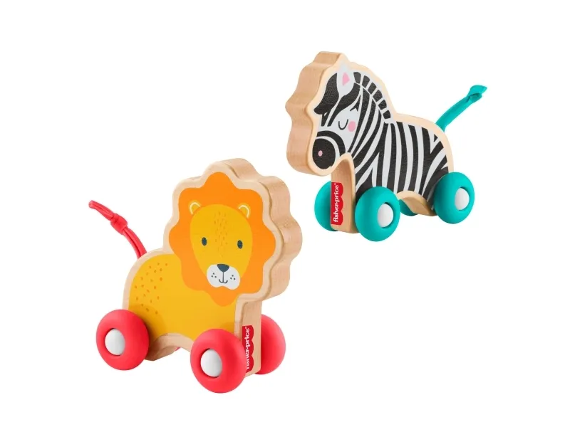 Fisher-Price skubbedyr i træ, løve og zebra-legetøjskøretøj til kravleleg for baby, 0,5 År, Træ, Flerfarvet