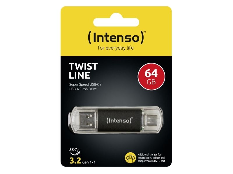 Intenso Usb Flash 3.2 64Gb Twist Line, 64 Gb, Usb Type-A / Usb Type-C, 3.2 Gen 1 (3.1 Gen 1), Schwarz