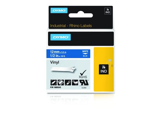 Dymo Rhino Coloured Vinyl - Vinyl - Hvid På Blå - Rulle (1,2 Cm X 5,5 M) 1 Kassette Tape - For Dymo Ilp219 Rhino 1000, 4200, 5000, 5200, 6000 Rh