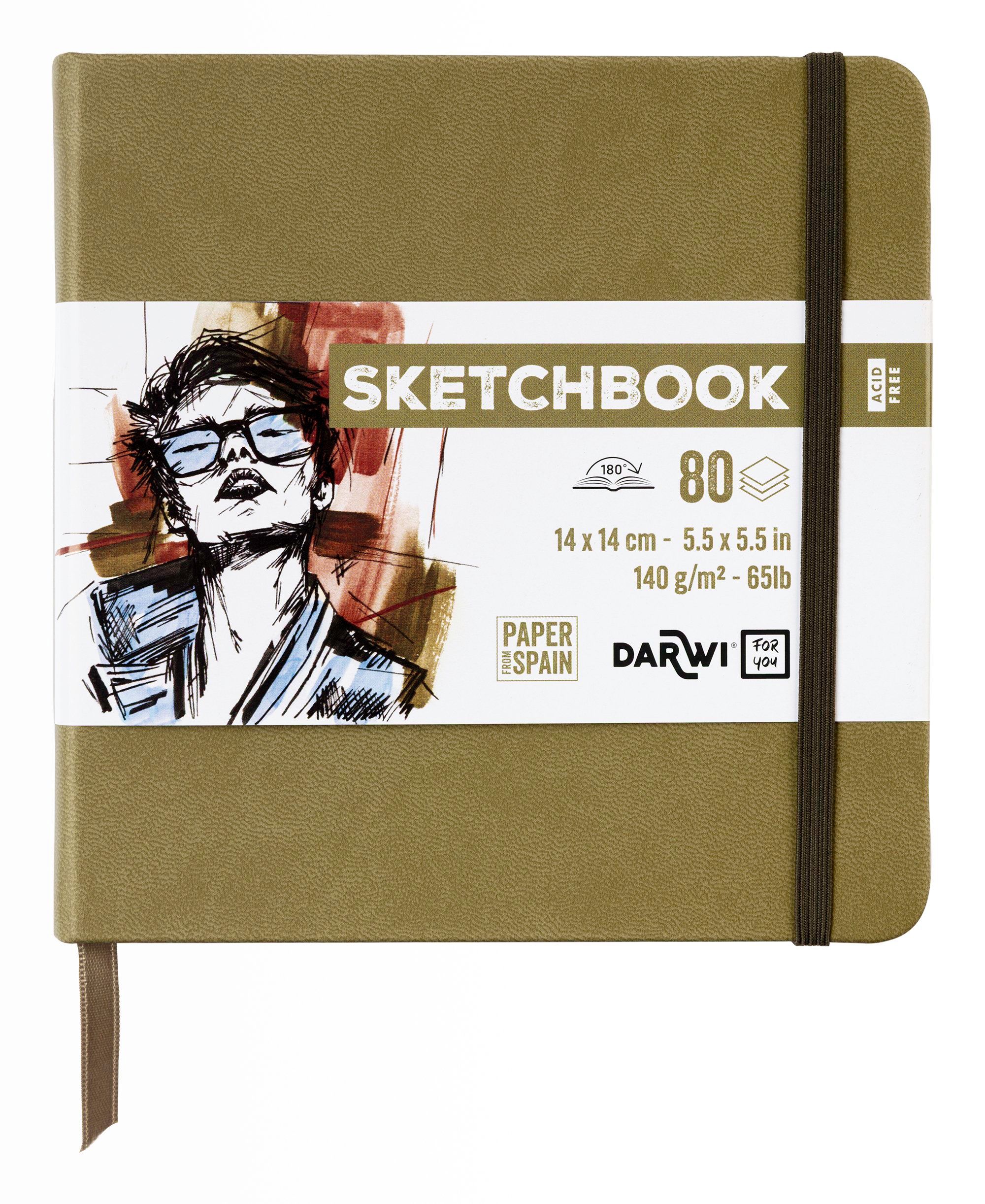 Darwi Skizzenbuch, Khaki/Grüner Einband (14X14cm) 80 Blatt Weißes, 140G Schweres Skizzenpapier, Kunstledereinband, Gummiverschluss Und Lesezeichen (H
