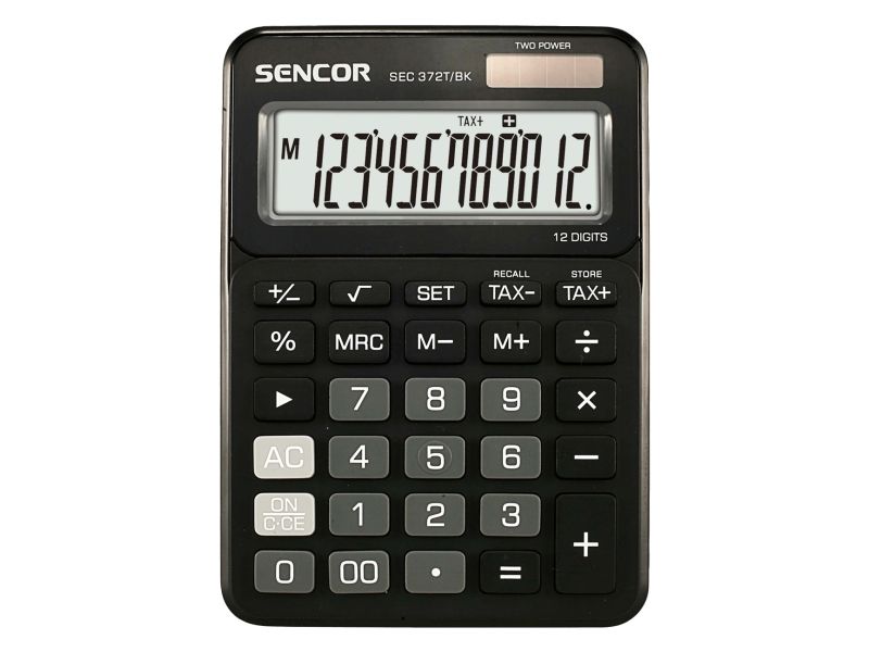 Sencor Sec 372T/Bk, Desktop, Einfacher Taschenrechner, 12 Ziffern, Display Klappbar, Batterie/Solar, Schwarz
