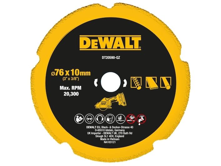 DeWALT DT20590-QZ, Kontinuerlig kantdiamantskive, Tørskæring, Metal, 1 cm, 7,6 cm, 3 mm
