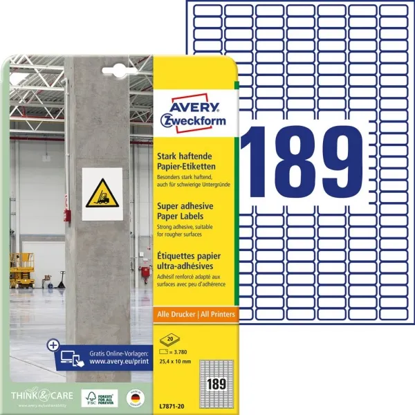Avery L7871-20, Vit, Rektangel, Permanent, DIN A4, papper, Laser/bläckstråleskrivare | Papper & Emballage - Taggar - Flera etiketter | GameStuff