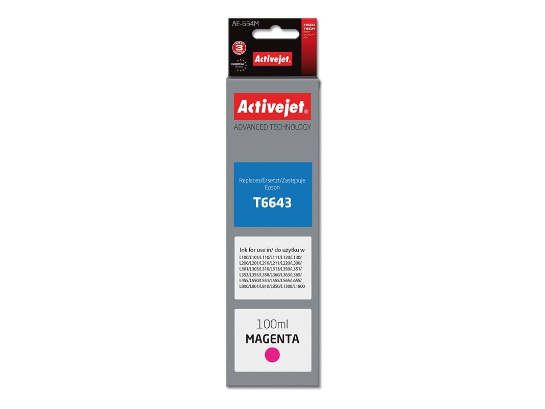 Activejet Ae-664M Blækflaske Til Epson Printer, Erstatning Epson T6643 Supreme 100 Ml Magenta, Højt (Xl) Udbytte, Farvebaseret Blæk, 100 Ml, 1 Stk, E