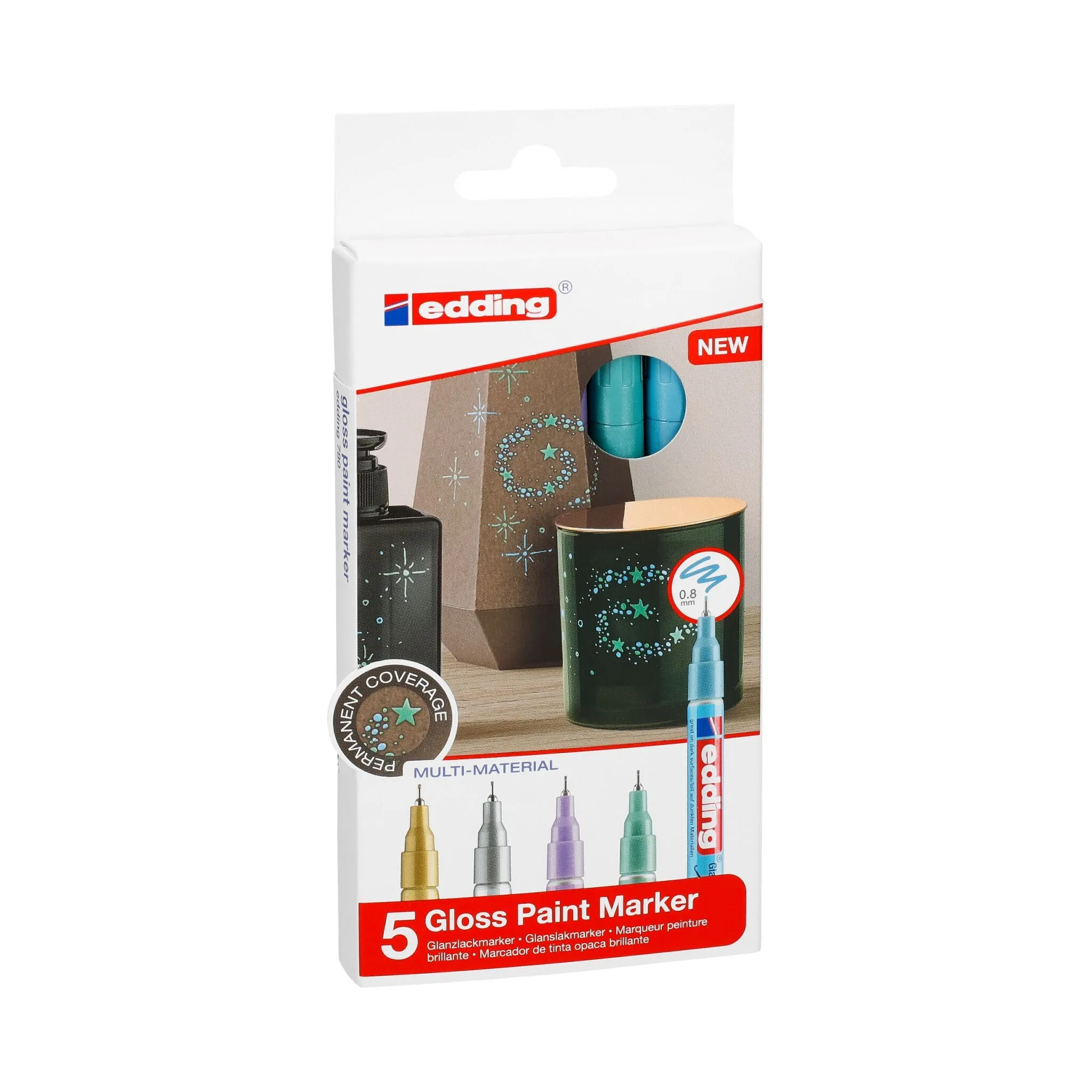 Edding 780, Kulta, Metallinsininen, Metallic green, Metallic lilac, Hopea, Monivärinen, 5 väriä, Pyöreä pää, Pyöreä, 0,8 mm