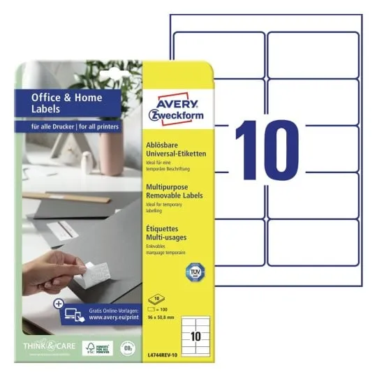 Avery L4744REV-10, 96 x 50,8 mm, A4, utan lack, vit Vit 327x219x50mm (10 ark) - (10 ark per kartong) | Papper & Emballage - Märkning - Etiketter och Tejp | GameStuff