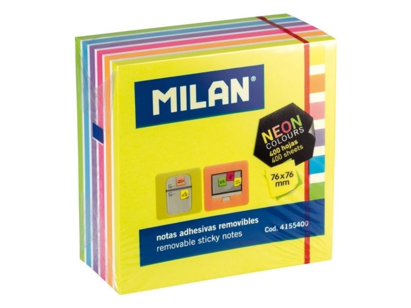 Milan 4155400, Firkant, Blå, Grøn, Violet, Orange, Lyserød, Hvid, Gul, 76 mm, 76 mm, 400 ark, 75 mm