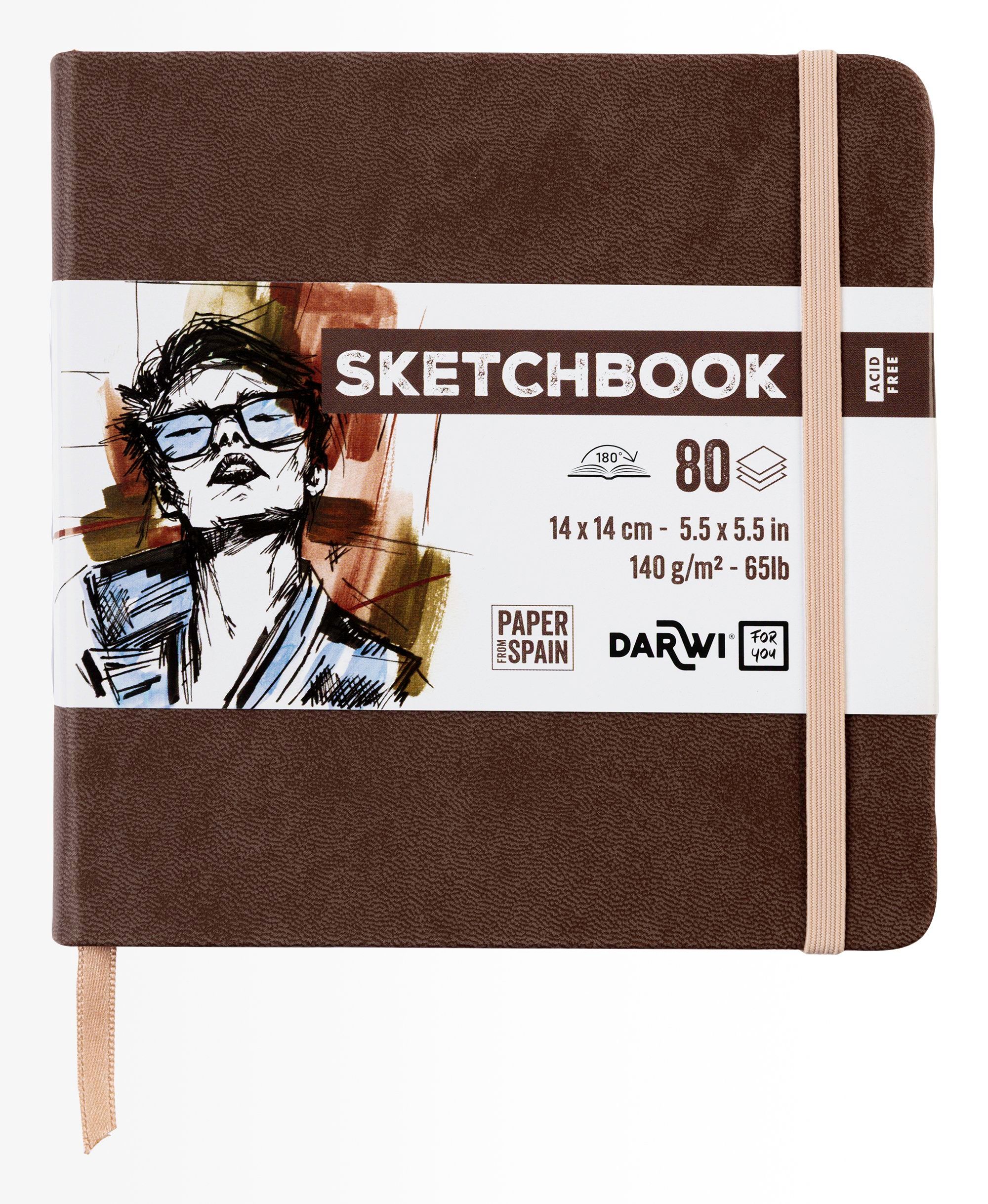 Darwi Skizzenbuch, Einband Braun/Braun (14X14cm) 80 Blatt Weißes, 140G Schweres Skizzenpapier, Kunstledereinband, Gummiverschluss Und Lesezeichen (Ha