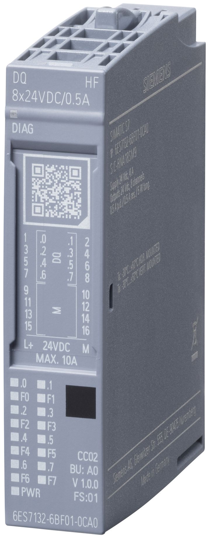 Siemens 6ES7132-6BF01-0CA0, IP20, 19.2-28.8 V, 0,5 A, 73 mm, 34 g, 75 mm