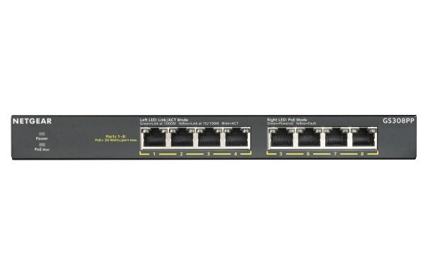 Netgear Gs308pp, Unmanaged, Gigabit Ethernet (10/100/1000), Vollduplex, Power Over Ethernet (Poe), Rack-Einbau, Wandmontage