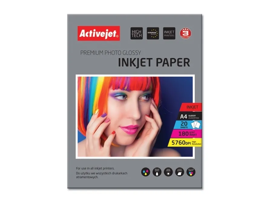 Activejet AP4-180G20, Glansigt, 180 g/m ^, Bläckstråleskrivare, A4, 21x29.7 cm, Vit | Papper & Emballage - Vitt papper - Fotopapper | GameStuff