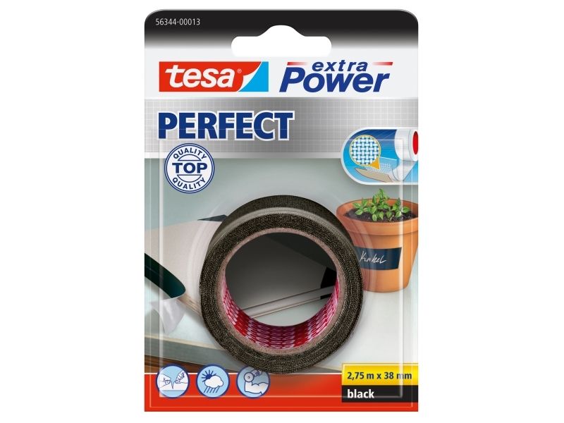 TESA extra Power Perfect, 2,75 m, Sort, Stof, Pap, Papir, 38 mm, Hængende boks