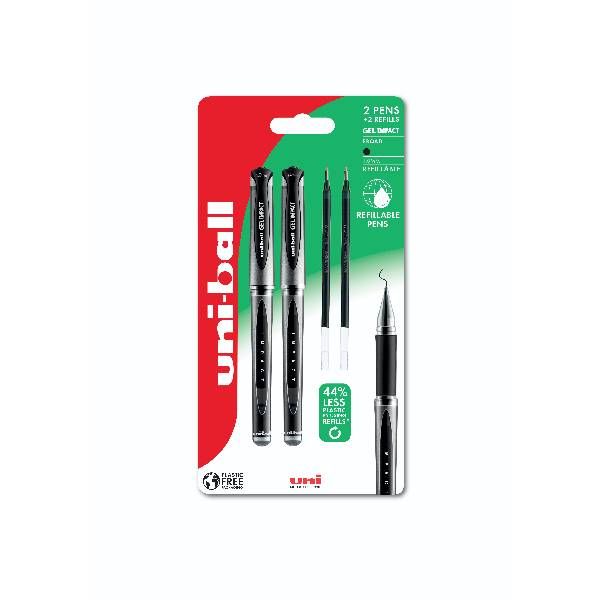 Uni-Ball Gel Impact 153 Blå - 2 Stk. Gel Rollerpenne, +2 Stk. Refills, Stregbredde 1,0Mm