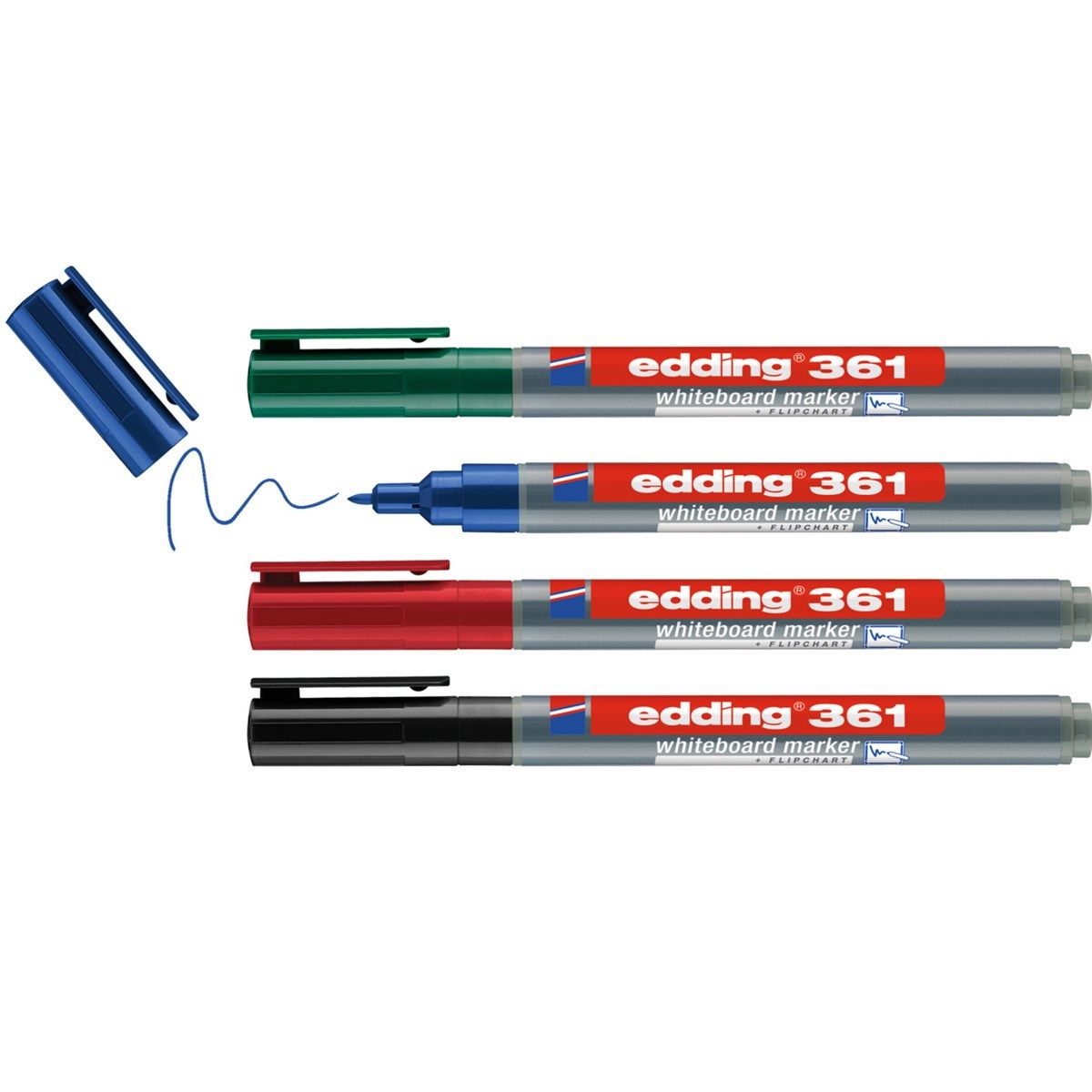 Edding 361 Whiteboard, 4 stk, Sort, Blå, Grøn, Rød, Projektilspids, Plast, Rund, 1 mm