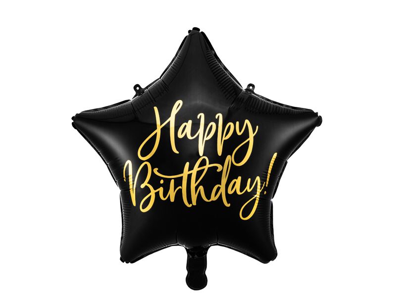 Folieballon Happy Birthday, sort stjerne