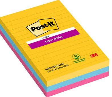 Post-it Super Sticky Large Notes Carnival, linjerede, 101 x 152mm, pakke a 3 stk
