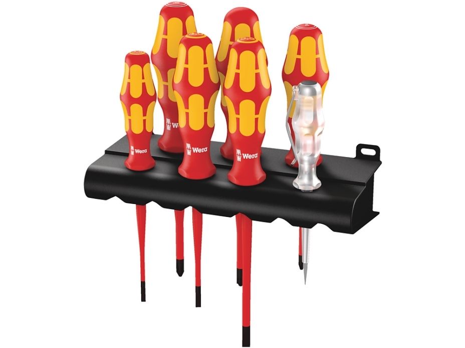 Wera 160 iS/7 Rack Skruetrækkersæt Kraftform Plus serie 100 + spændingssøger + rack. Med reduceret klingediameter, 7 dele