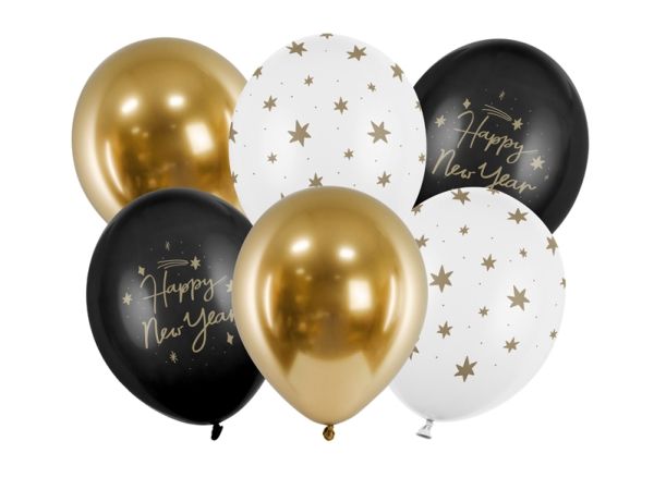 Partydeco Happy New Year, Legetøjsballon, Sort, Guld, Hvid, Nytårsaften, Oval, 30 Cm, 6 Stk