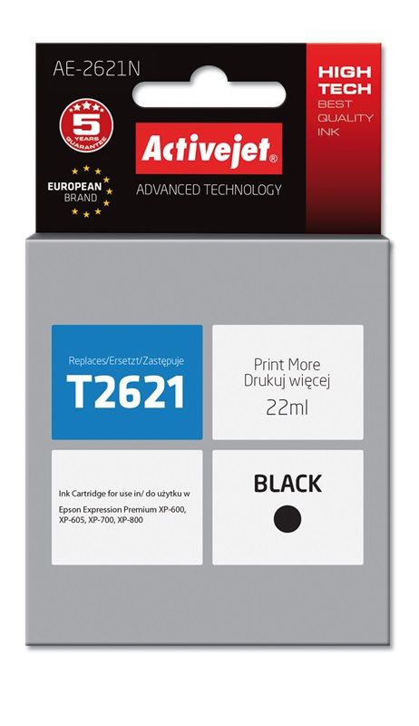 Activejet Ae-2621N Blæk (Erstatning Epson 26 T2621 Supreme 22 Ml Sort), Højt (Xl) Udbytte, Pigmentbaseret Blæk, 22 Ml, 1 Stk, Enkelt Pakke