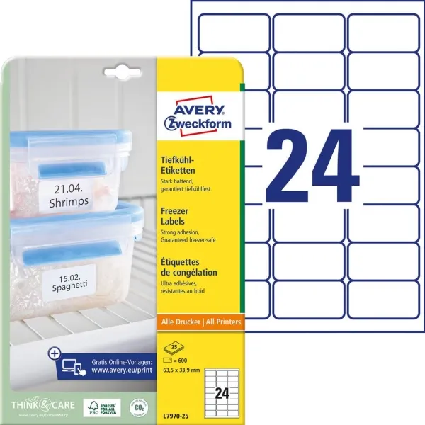 Dybfrostetiketter Avery L7970-25 hvid 63,5x33,9 mm - (600 stk.)