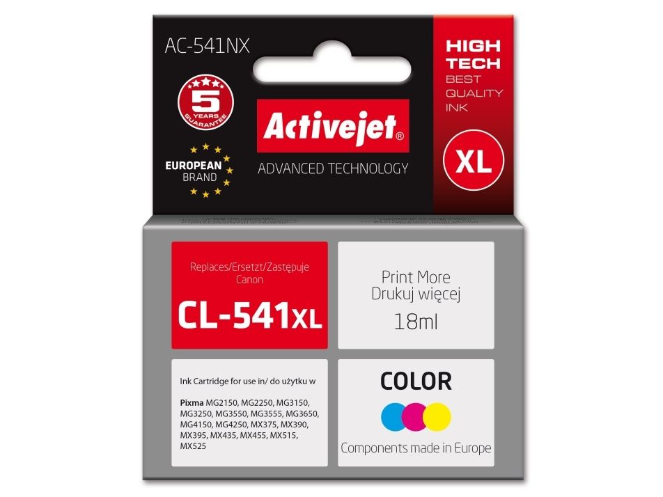 Activejet Ac-541Nx Blæk Til Canon-Printer (Erstatning For Canon Cl-541Xl) Supreme, 18 Ml, Blå, Gul, Rød, Blå, Rød, Gul, Pigmentbaseret Blæk, 18 Ml, 1