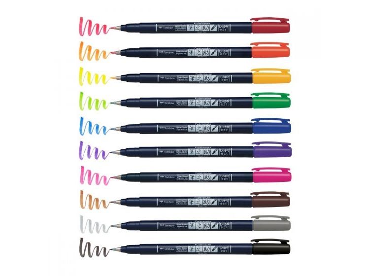 Tombow Ws-Bh-10P, Fein / Mittel, 10 Farben, Schwarz, Blau, Grün, Grau, Orange, Pink, Gelb, Rundspitze & Bürstenspitze, Mehrfarbig, Rund