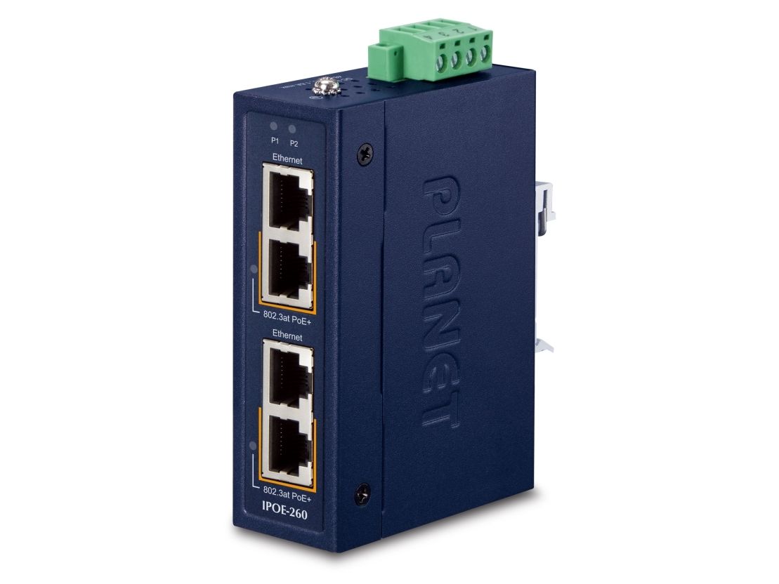 PLANET IPOE-260 industriel PoE+-injektor 2-port 10/100/1000T 802.3at