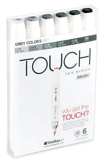 Touch Brush Marker 6 kpl harmaata väriä, sivellin + keskikulmainen kärki