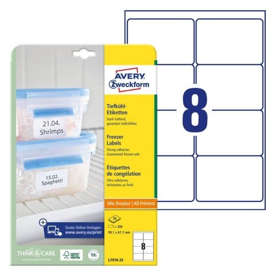Etiketter Avery 99,1 x 67,7 mm, A4, vita - frysta etiketter för märkning av frysta livsmedel - (25 ark x 8 st.) | Papper & Emballage - Taggar - Laseretiketter | GameStuff