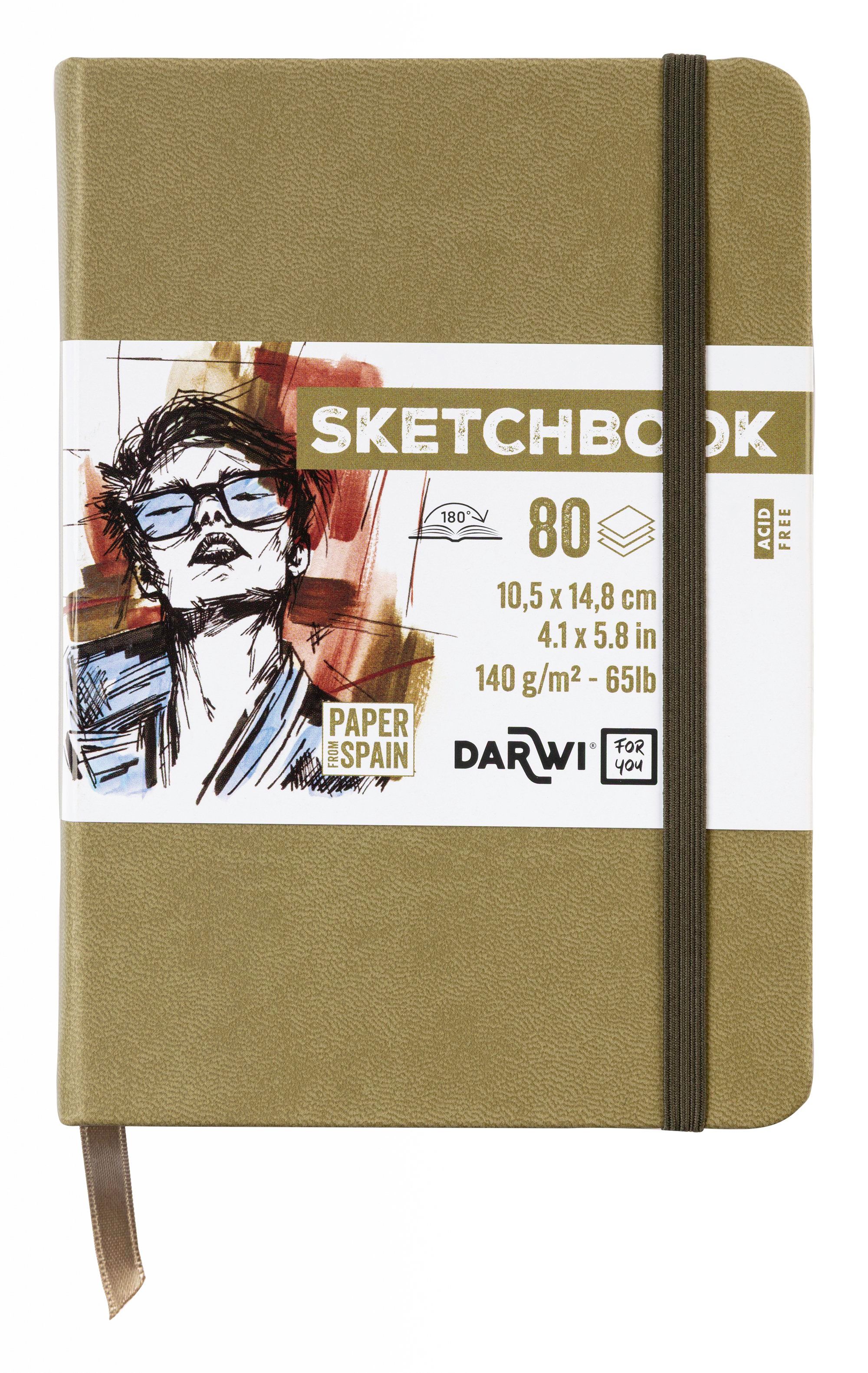 Darwi Skizzenbuch A6, Khaki/Grüner Einband (10,5X14,8Cm) 80 Blatt Weißes, 140G Schweres Skizzenpapier, Kunstledereinband, Gummiverschluss Und Lesezei