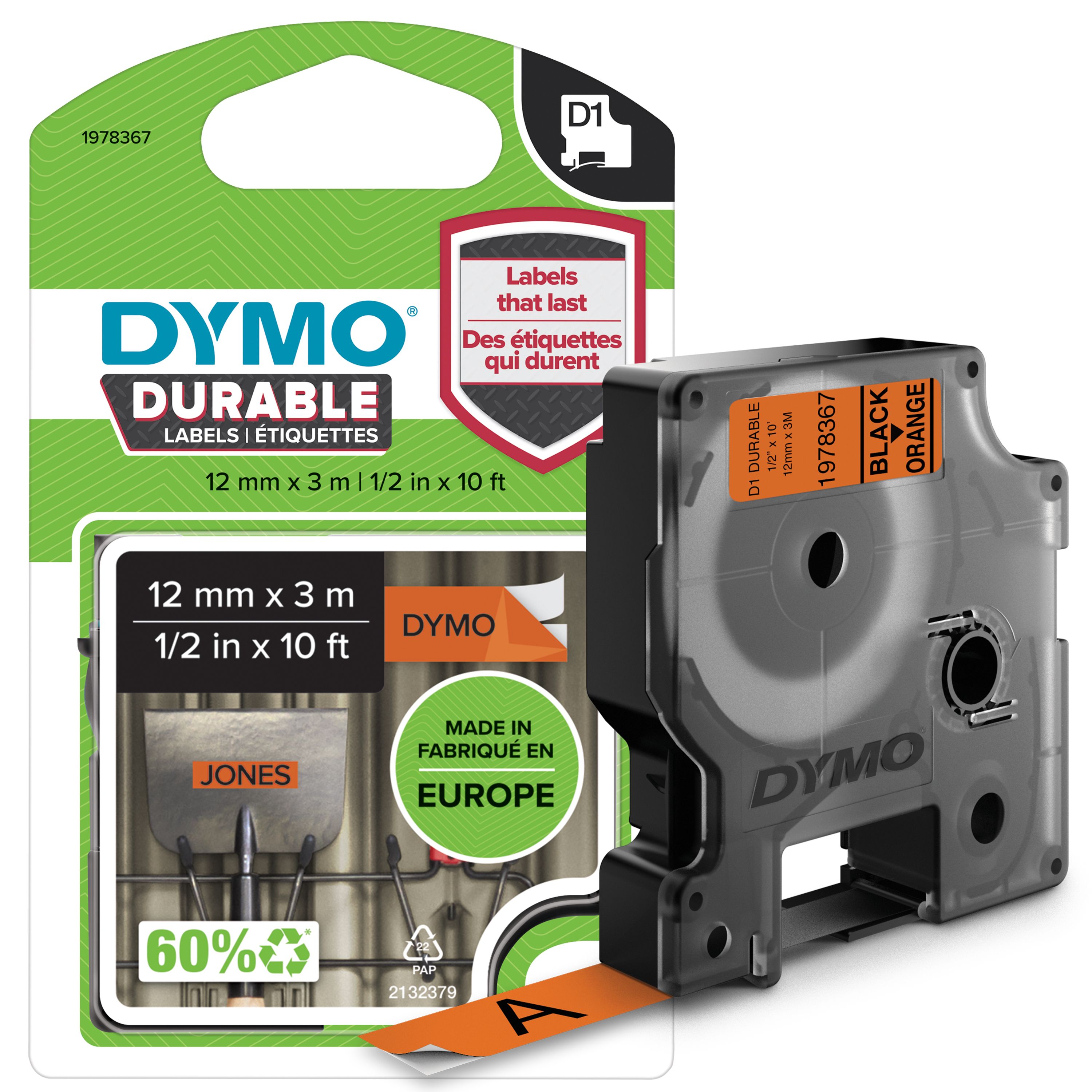 Labeltape DYMO® D1 sort på orange 12mm x 3m