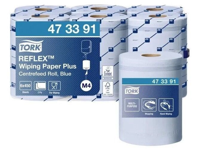 Aftørringspapir Tork M4 Reflex™ Wiping Paper Plus Blue - (6 ruller x 450 ark pr. karton)