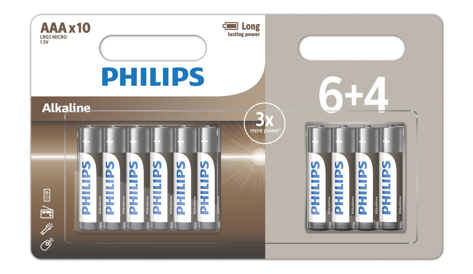 PHILIPS Tech alkaline batteri, AAA LR03, 6+4 stk.