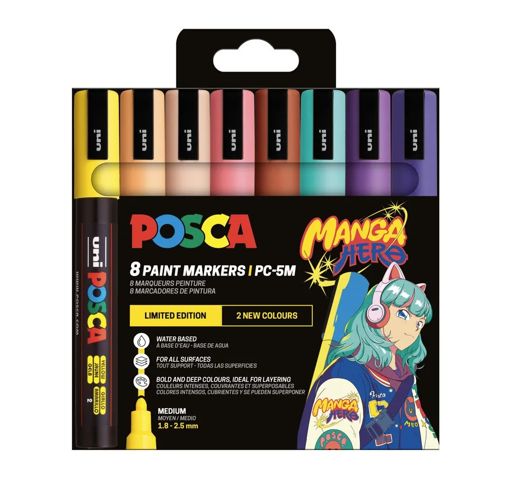 POSCA PC-5M MANGA HERO - med 8 st. assorterade färger | Skrivredskap - Märkpennor - Permanent Marker | GameStuff