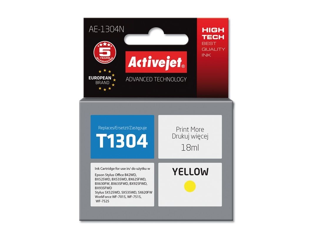 Activejet Ae-1304N Tintenpatrone (Ersatz Für Epson T1304 Höchste 18Ml Gelb), Hohe (Xl-) Ausbeute, Tinte Auf Farbstoffbasis, 18 Ml, 1 Stück(E), Einzel