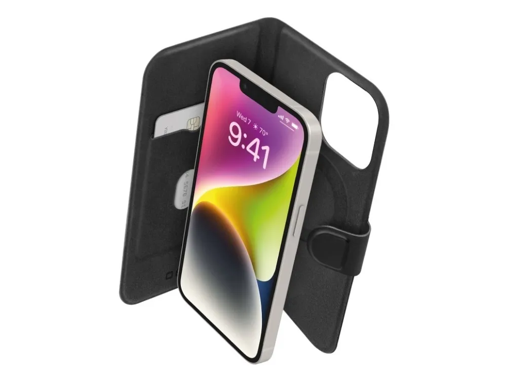 SBS iPhone 14/13 wallet etui med slankt design, kortplads og magnetisk lukning, kompatibelt med MagSafe-opladning - Sort