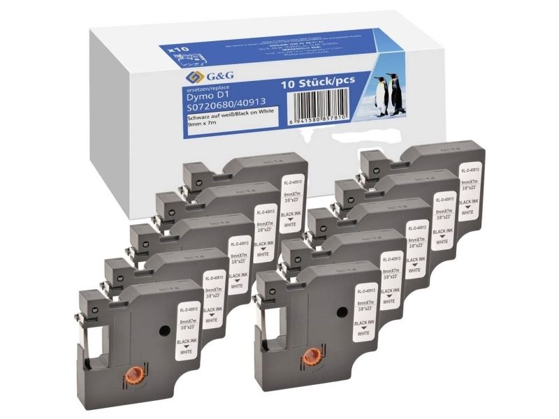 G&G 5R40913-10Tdgg, Hvid, Dymo, Dymo 40913 Dymo D1 Serie Dymo Labelmanager 100 Dymo Labelmanager 160 Dymo Labelmanager 210D Dymo..., 1,2 Cm, 7 M, 10