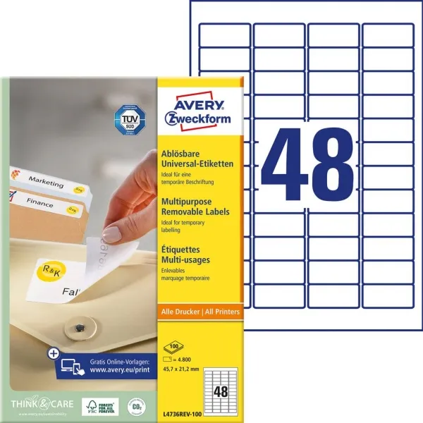 Avery L4736REV-100, Vit, Rundad rektangel, Lösa, 45.7 x 21.2 mm, A4, papper | Papper & Emballage - Taggar - Laseretiketter | GameStuff